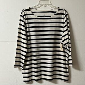 St Johns Bay Womens Classic Boat Neck Tee Size XL Black White Striped 3/4 Sleeve